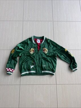 Profound Green Embroidered Satin Bomber Jacket